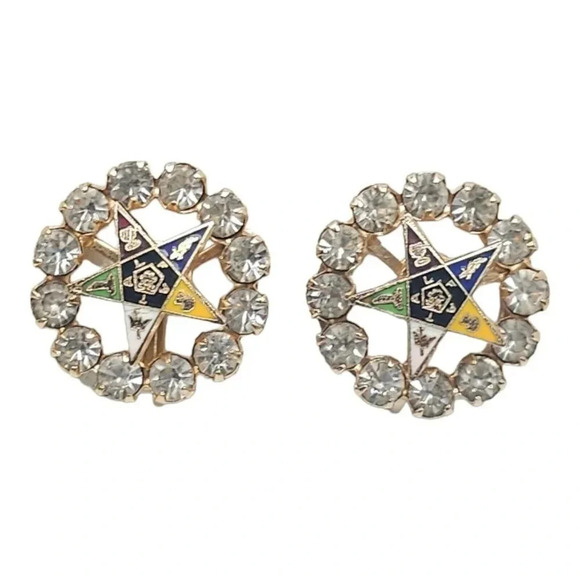 Rhinestone Enamel Order Of The Eastern Star Masonic Fraternal Earrings Vintage B - Picture 1 of 5